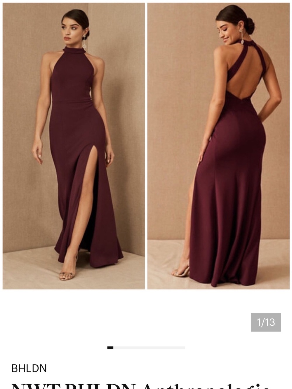 BHLDN Lennox Halter Open-Back Side-Slit Stretch Crepe Gown